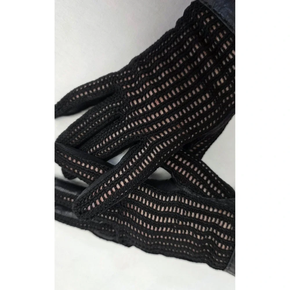 Vintage Style Black Crochet and Leather Driving Gloves Keyhole Back Mens Womens